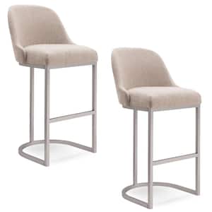 Barrelback 43 in. H Oatmeal Linen Bar Stool with Pewter Metal Base (Set of 2)
