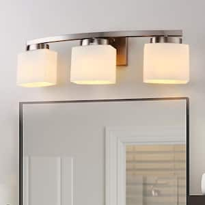 24 in. 3 Light Nickel Modern Industrial Square Vanity Light for Bathroom with Curved Arms and Milk White Shades