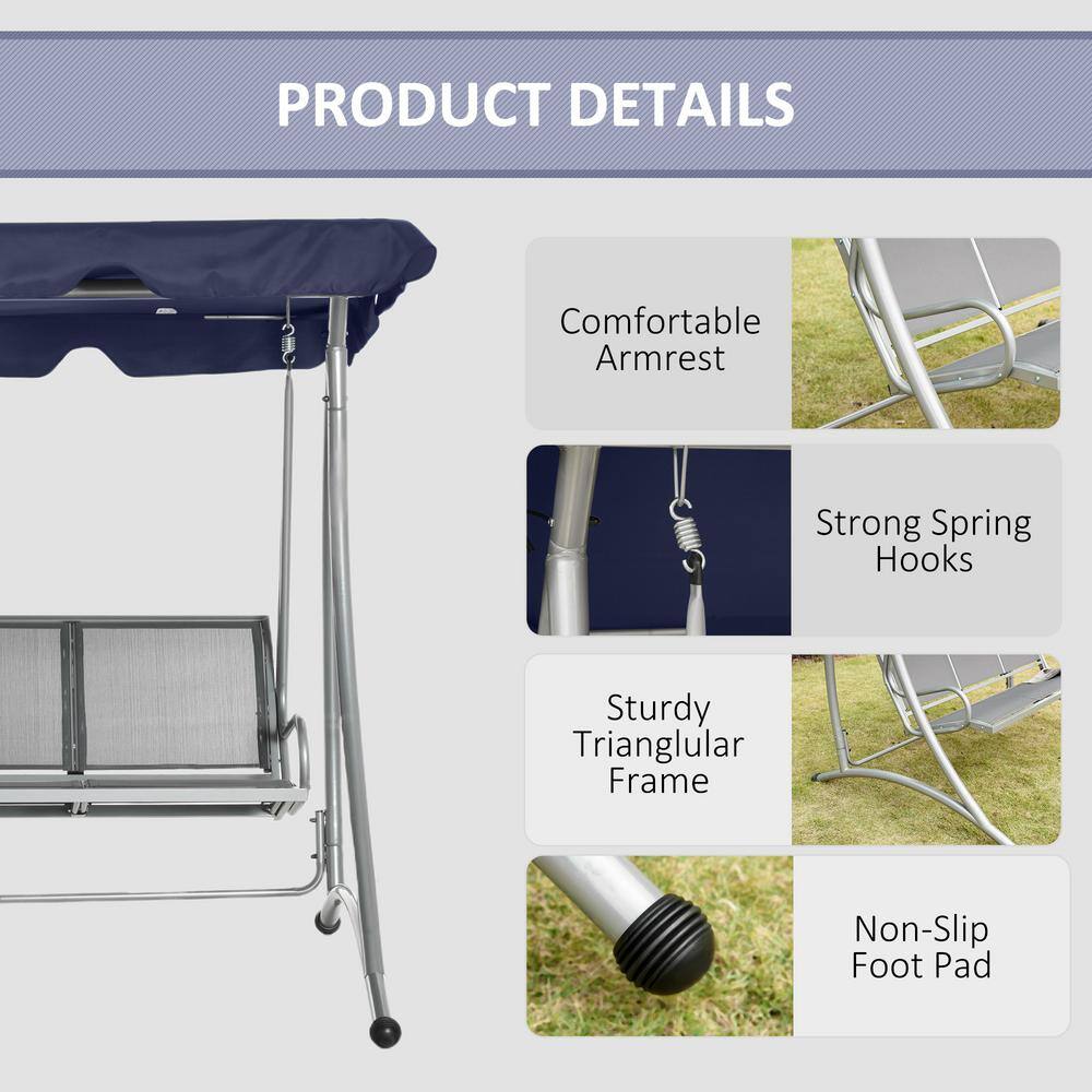 Blue 3-Seater Steel Patio Swing Chair with Adjustable Canopy