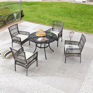 5-Piece Wicker Round Outdoor Dining Set with White Cushions