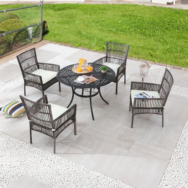 Patio Festival 5-Piece Wicker Round Outdoor Dining Set with White Cushions