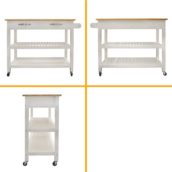 White Rubber Wood Kitchen Cart with Two Lockable Wheels and Towel Rack