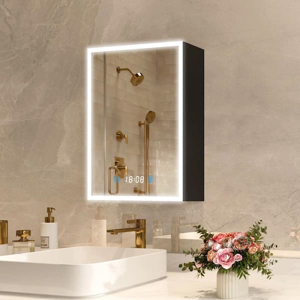 FAMYYT 20 in. W x 28 in. H Black Rectangular Aluminum Dimmable Flowing LED Light Medicine Cabinet with Mirror, Left Hinge
