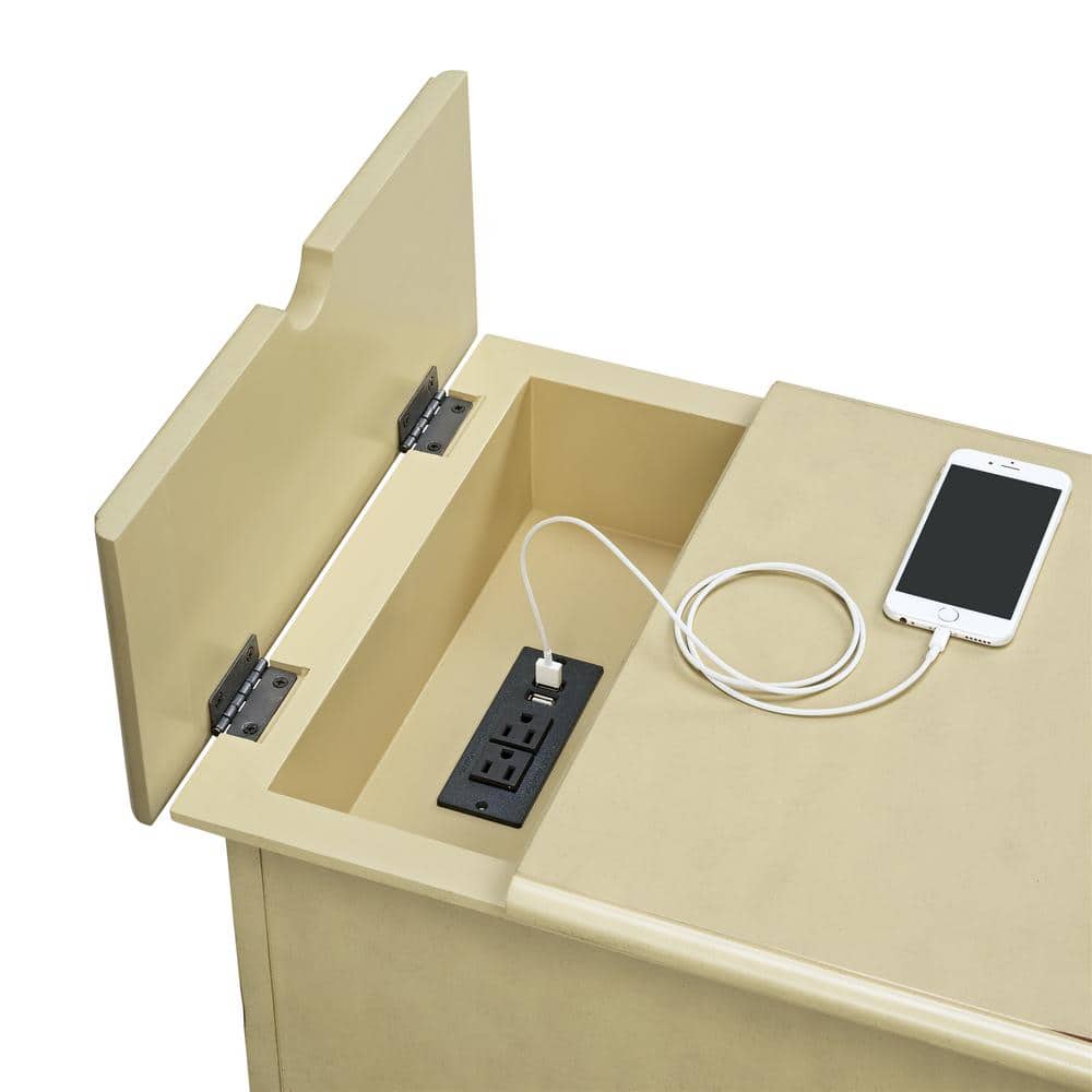 Antique White Elegant Chairside Table with Power Outlets and USB Ports