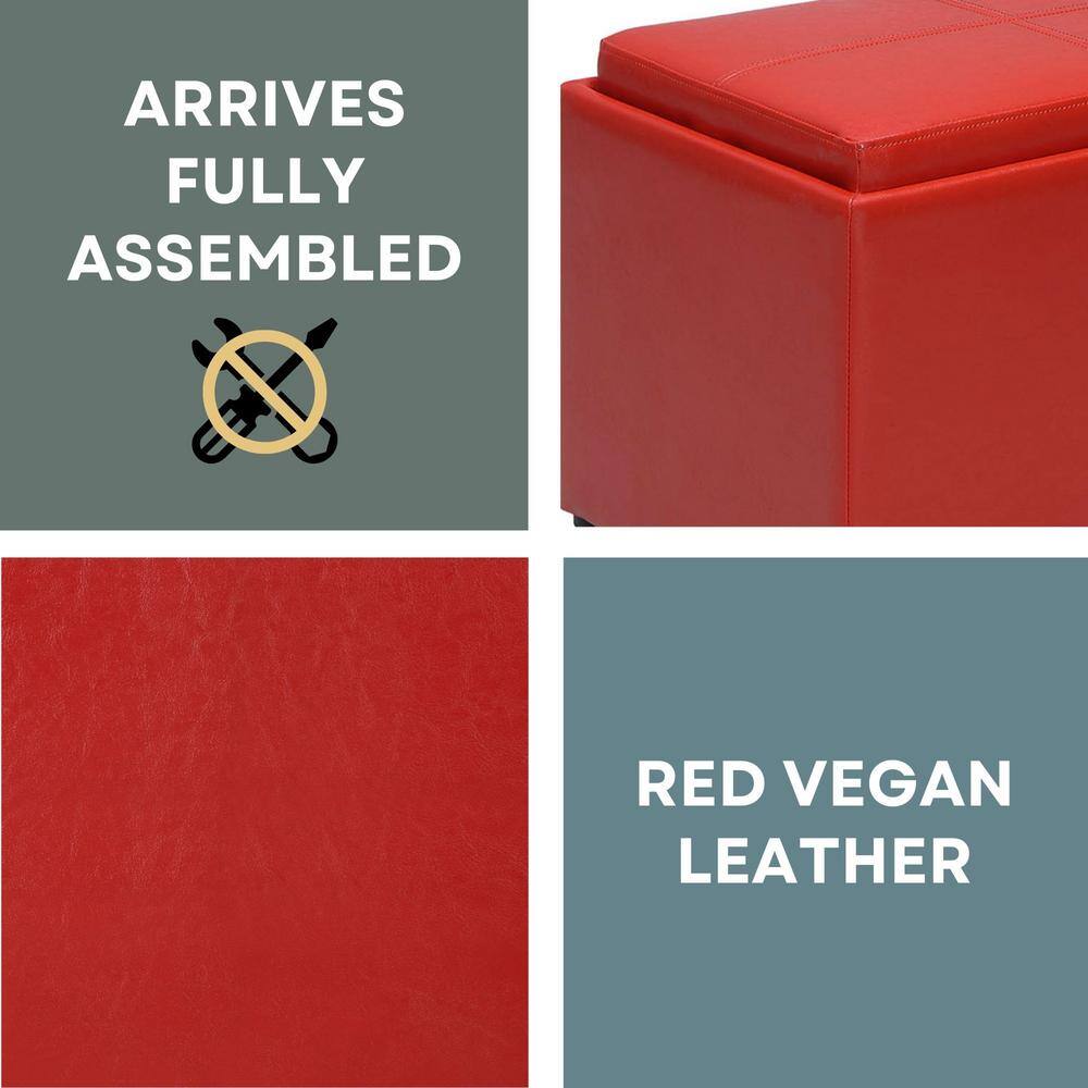 Versatile Bright Red Faux Leather Ottoman with Reversible Tray