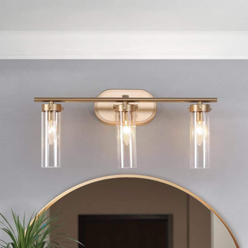 Antique Gold Modern 3-Light Bathroom Vanity Light 21.5 in. Powder Room Wall Light with Cylinder Clear Glass Shades price history on PriceWatchPro