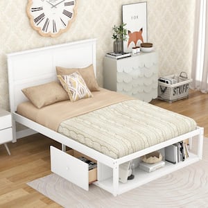 White Wood Frame Full Size Platform Bed with Drawer on the Each Side and Shelf on the End of the Bed