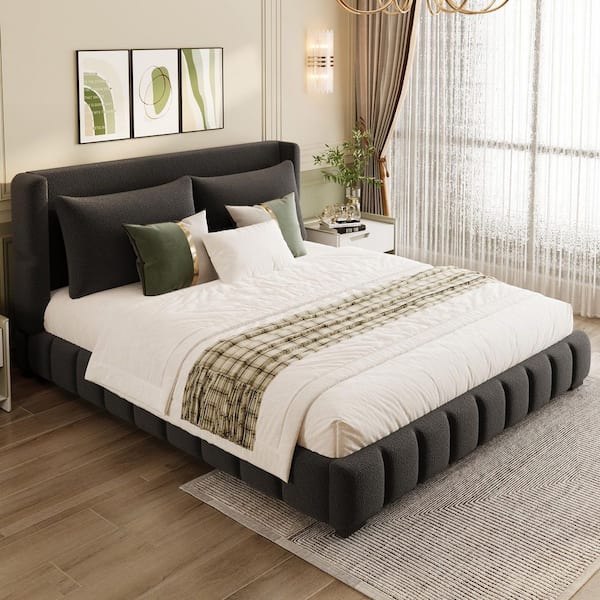 Driftwood Modern Black Velvet Upholstered Wood Frame King Size Platform Bed with Wingback Headboard and Pillows