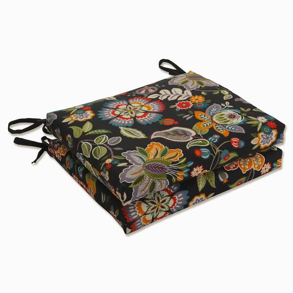 Pillow Perfect Floral 18.5 in. x 16 in. Outdoor Dining Chair Cushion in Black/Multicolored (Set of 2)