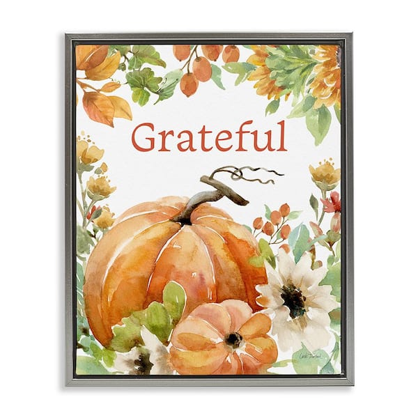 Stupell Industries Grateful Pumpkins and Flowers Leslie Trimbach 1 Piece Floater Frame Graphic Print Typography Art Print 21 in. x 17 in.