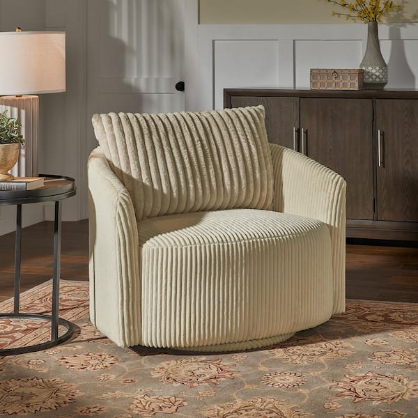 HomeSullivan Beige Arm Chair Oversized Wale Corduroy Swivel Accent with Furry Channel Pillow