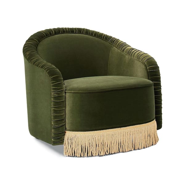 Serena 31.5 in. Ruched Barrel Back Performance Velvet Accent Arm Chair with Bullion Fringe in Olive Green