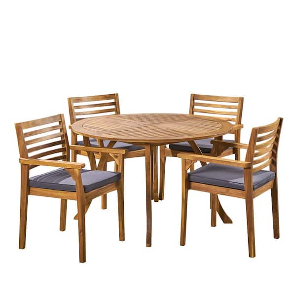 Casa 30 in. Teak Brown 5-Piece Wood Round Patio Outdoor Dining Set with Dark Grey Cushions