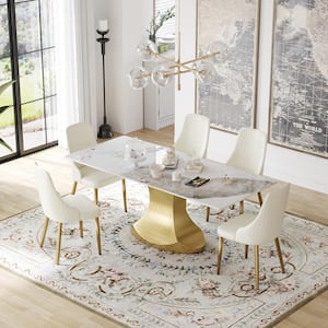 78.7 in. White and Gold Sintered Stone Tabletop Dining Table with Stainless Steel Base (Seats 8-10)