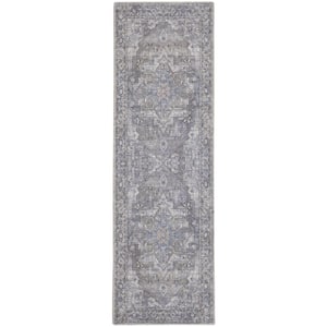 57 Grand Machine Washable Grey 2 ft. x 6 ft. Floral Traditional Kitchen Runner Rug Area Rug