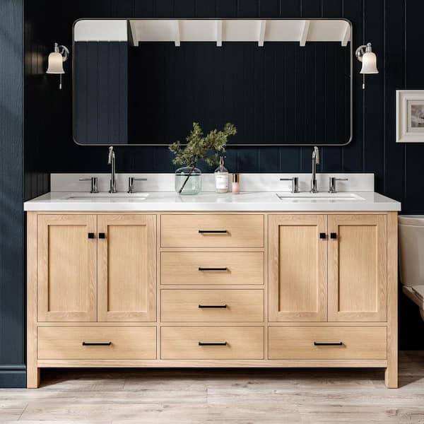 Cambridge 72 in. Double Sink Freestanding Bathroom Vanity in Oak with Pure White Quartz Top