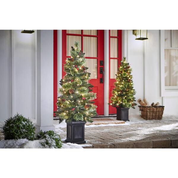 4 ft. Pre-Lit Artificial Christmas Savannah Berry Porch Tree (Set of 2)