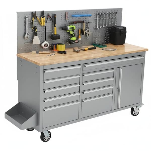 61 in. Silver Steel Mobile Workbench Cabinet with Wheels, 10 Drawers, Pegboard Back Panel, Rubber Wood Top, Key Lock
