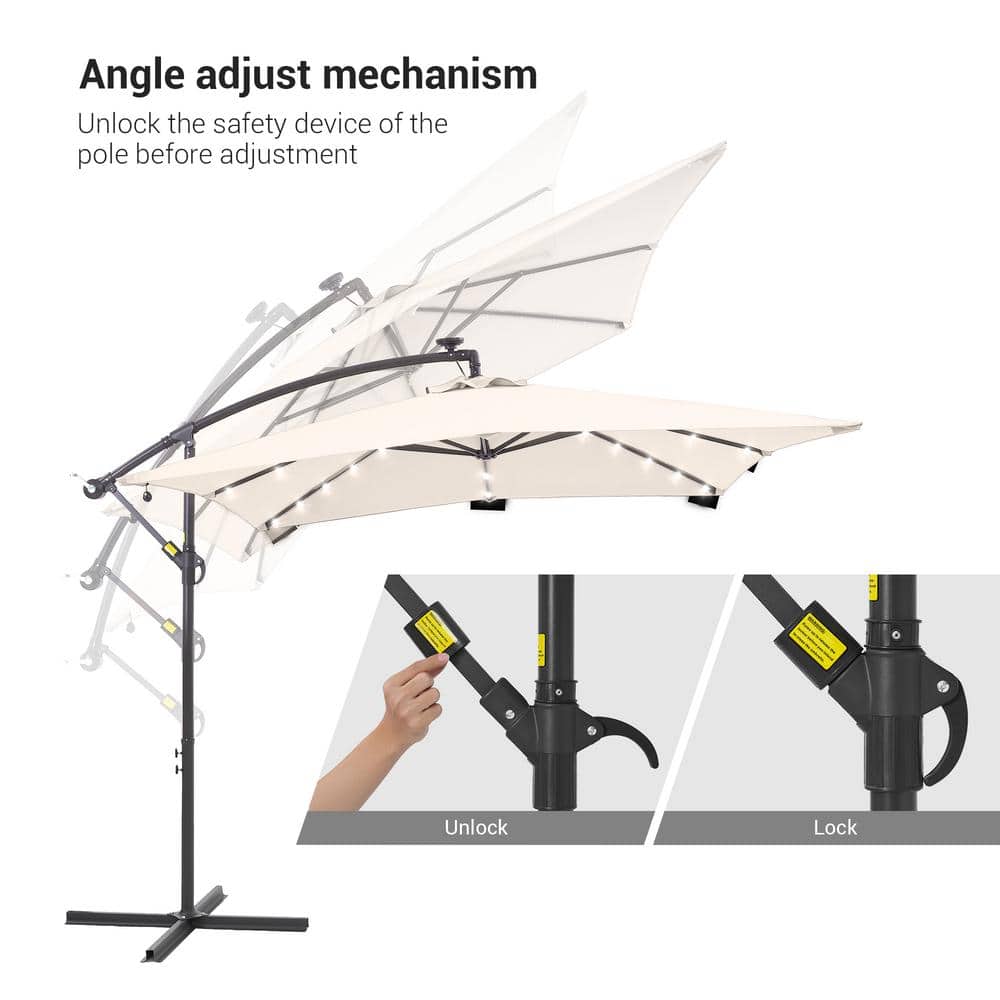 Beige Square Cantilever Umbrella with Charcoal Grey Steel Pole and LED Lights