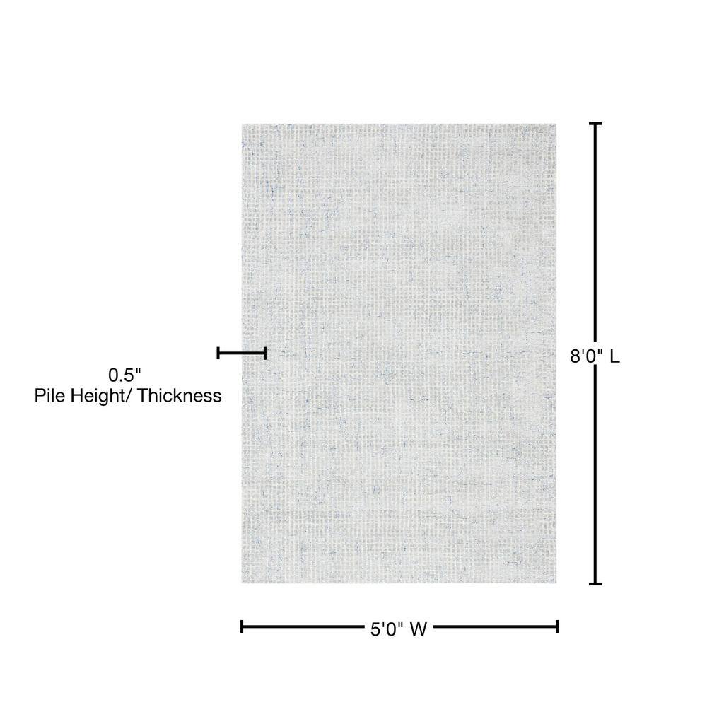 Minimalist Silver and Blue Tufted Wool Abstract Area Rug - 5' x 8'