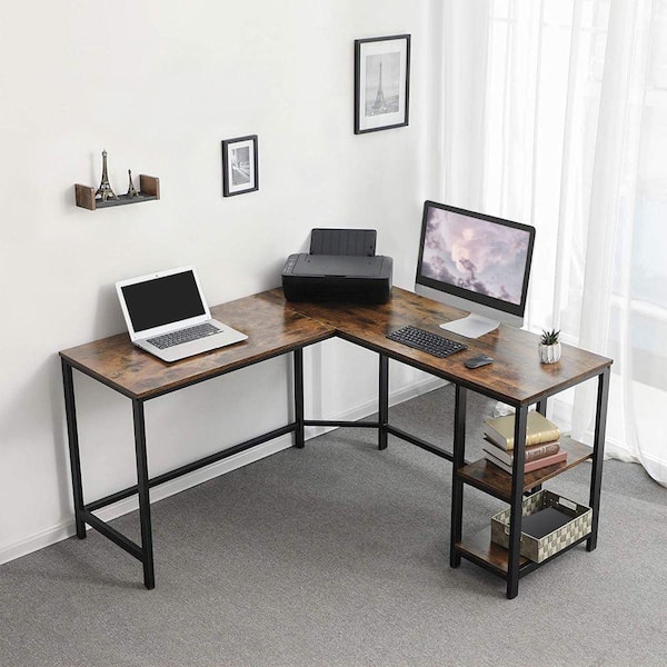 Industrial Wood and Metal Desk with 2 Shelves Brown - Benzara