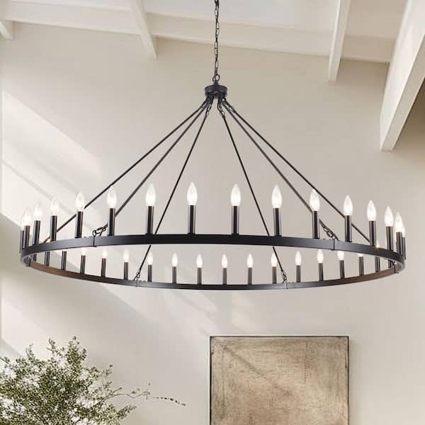 36-Light Black Farmhouse Wagon Wheel Candlestick Chandelier
