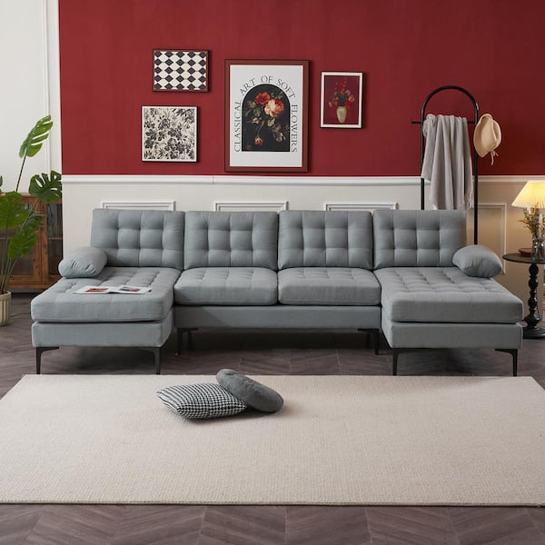 Karl home 110 in. Padded Arm 3-Piece Polyester U-shaped Sectional Sofa in. Light Grey with Pull Point Design