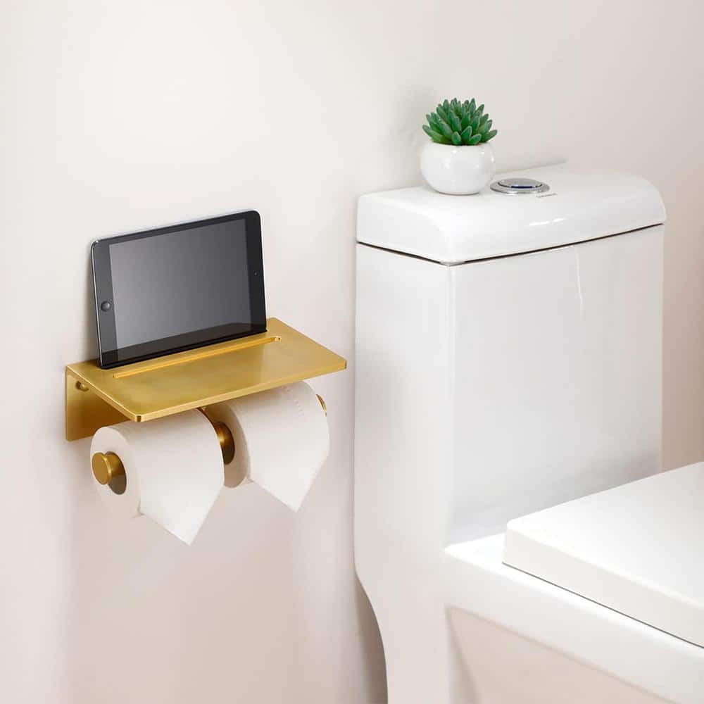 Brushed Gold Aluminum Double Toilet Paper Holder with Shelf