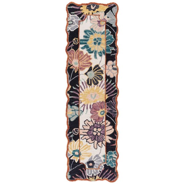 SAFAVIEH Jardin 2 ft. x 8 ft. Black/Ivory Floral Border Runner Rug ...