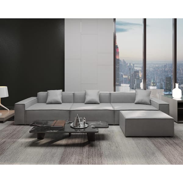 J&E Home 140 In. W Rectangle Square Arm 4-Piece L Shaped Polyester Fabric  Modern Leathaire Sectional Sofa In Gray Je-Sf116Lg - The Home Depot