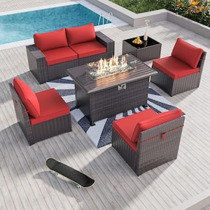7-Piece Wicker Patio Conversation Set with 55000 BTU Gas Fire Pit Table and Glass Coffee Table and Red Cushions