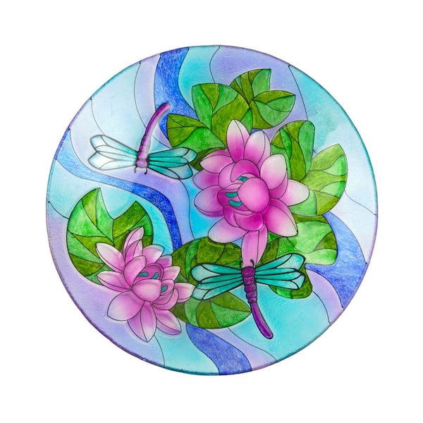 18 in. Tall Glass Birdbath Topper with Purple Dragonfly Painted Finish