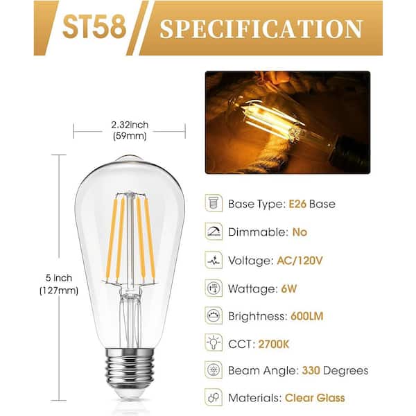 YANSUN ST58 E26 Medium Base 60 Watt Equivalent Vintage LED