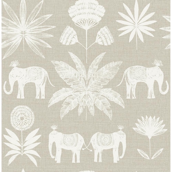 A-Street Prints Bazaar Light Grey Elephant Oasis Wallpaper Sample
