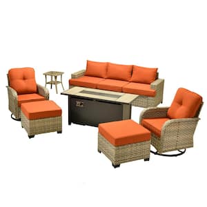 Daisy 9-Piece Wicker Rectangular Fire Pit Sets and Swivel Rocking Chairs with Orange Red Cushion