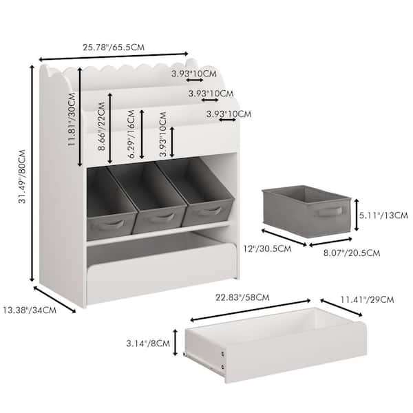 Pira 31.49 in. Tall White MDF Wood Multi-Functional Kids Bookcase with Storage Bins and Drawer