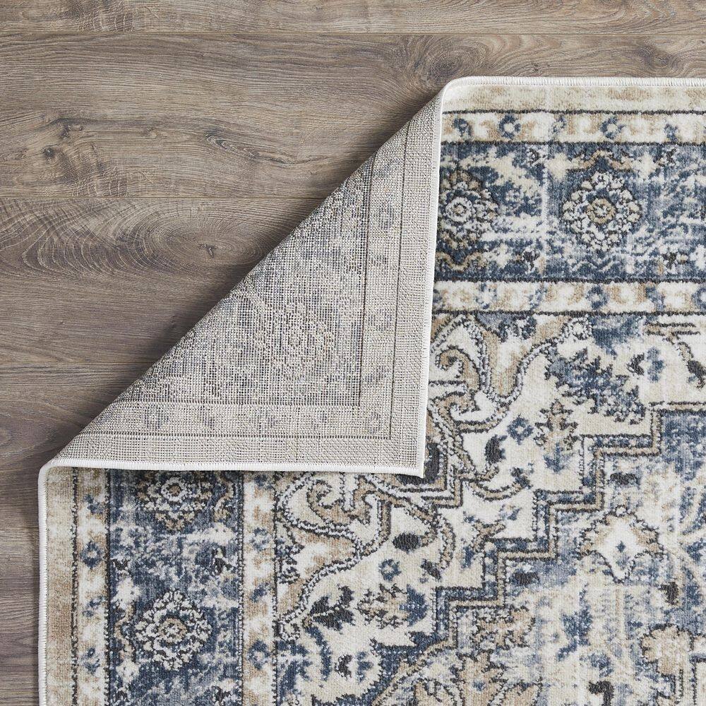Blue and Beige Floral Medium Pile Synthetic Area Rug