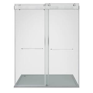 72 in. W x 76 in. H Double Sliding Frameless Shower Door in Brushed Nickel with Soft-Closing and 3/8 in. (10 mm) Glass