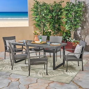 Mayhill Sandblast Dark Grey 7-Piece Wood and Grey Faux Rattan Outdoor Dining Set