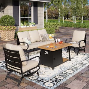 Black 4-Piece Metal Slatted 5 Seat Steel Outdoor Patio Conversation Set with Beige Cushions, Rectangular Fire Pit Table