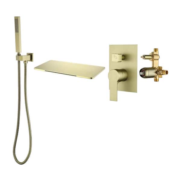 Single-Handle Wall-Mount Roman Tub Faucet 1.8 GPM with Handheld Shower Head in Gold