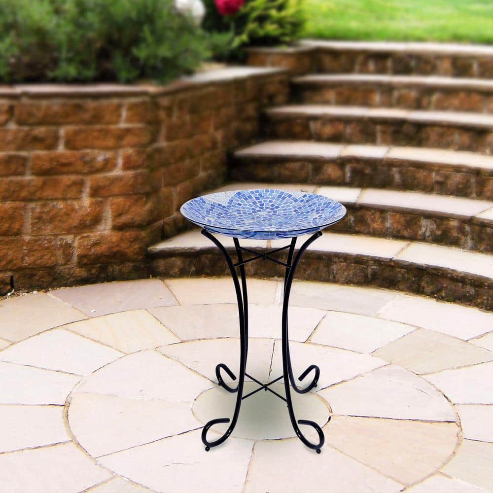 Blue Mosaic Glass Birdbath with Metal Stand, 24" Tall