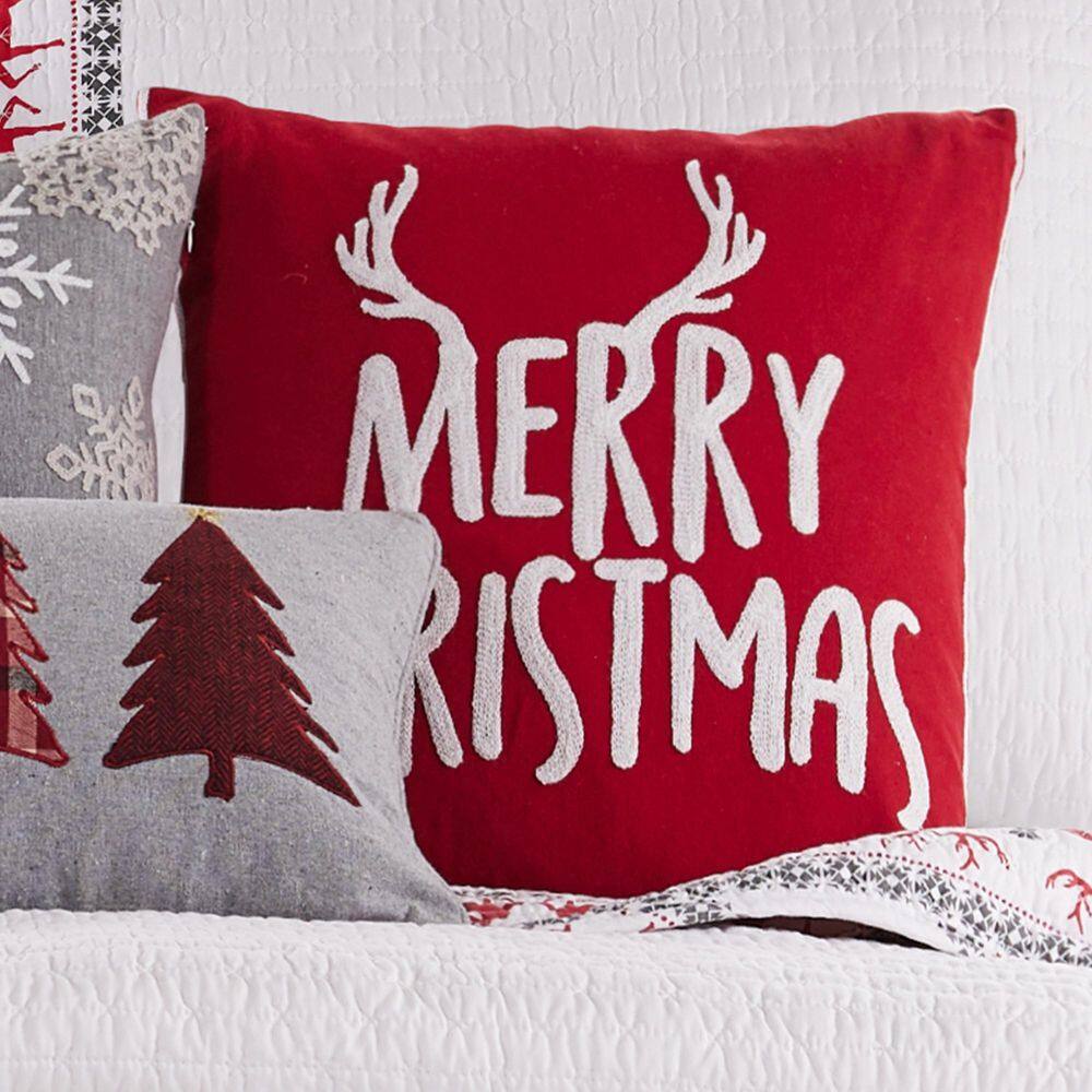 Red and White Embroidered Christmas Throw Pillow 18x18