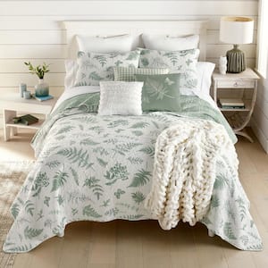Botanical 3-Piece White and Green Queen Cotton Quilt Set