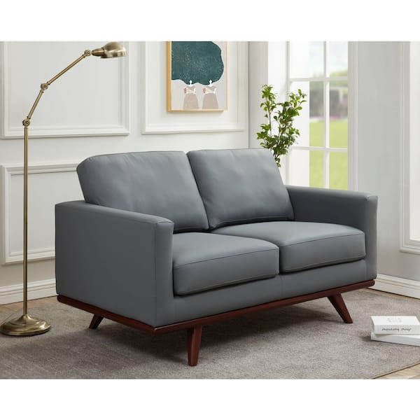 Chester 58 in. Wide Leather Loveseat Sofa with Removable Cushions Two-Seater Chair with Birch Wood Legs in Grey