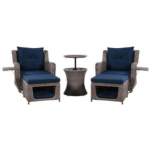 5-Piece Rattan Wicker Outdoor Bistro Set, Patio Furniture Set with Cushions, Pet House, Cool Bar & Ottoman, Navy Blue