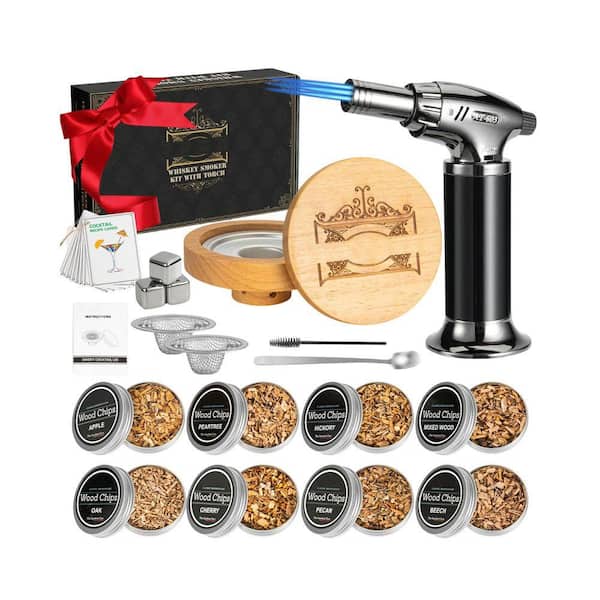 Whiskey Smoker Kit with Torch (No Butane), 8 Flavors Wood Chips, 3 Ice Marbles & Cocktail Cards