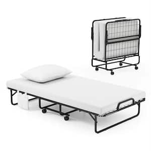 White Twin Size 75 in. x 39 in. Rollaway Bed with Memory Foam Mattress and Pillow Dust Cover Metal Frame