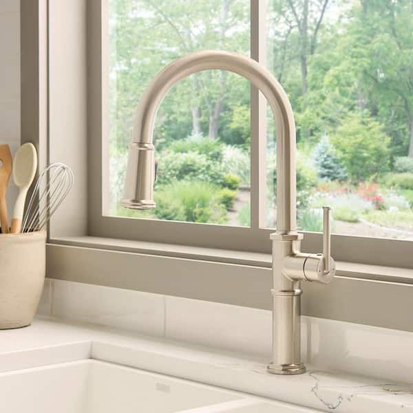 Idris Brushed Nickel Stainless 16.5 in. H Single Art Deco Pull Down Sprayer Kitchen Faucet with 360° Spout Swivel