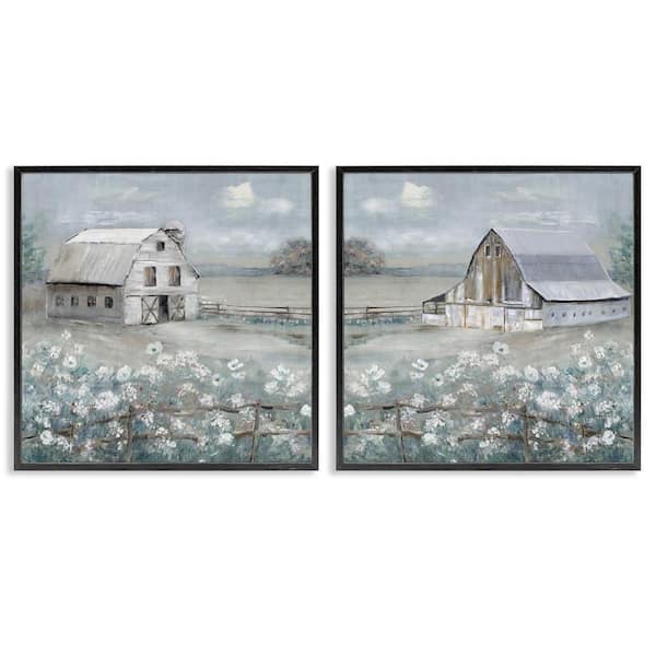 Stupell Industries Country Meadows with Barns by Sally Swatland 2 Pieces Black Framed Nature Giclee Art Print 24 in. x 24 in.
